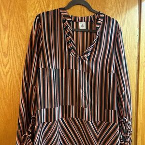 Large Cabi striped multi color (coral, green, black, and white) top